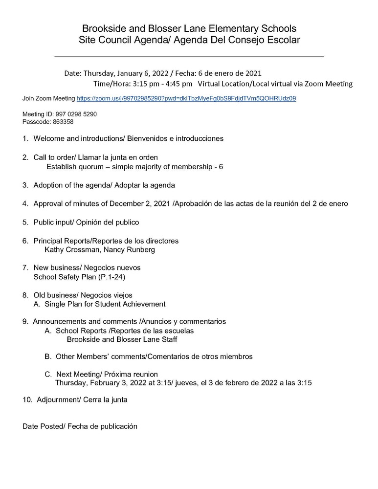 Site Council Agenda for Brookside and Blosser Lane Elementary Schools