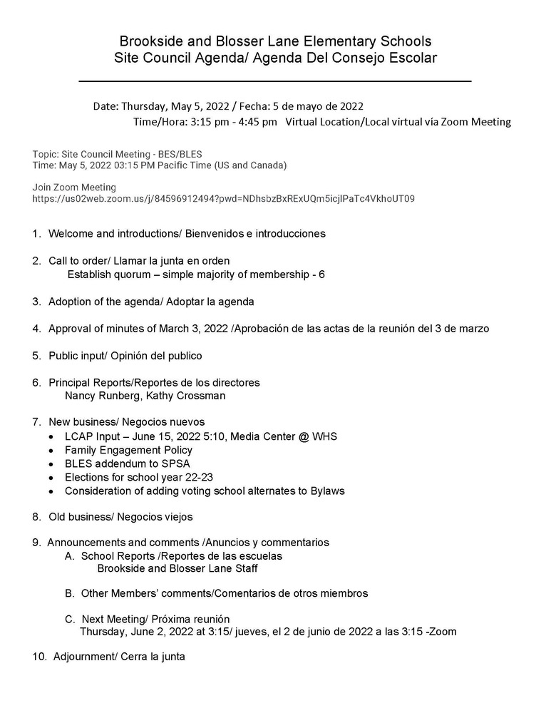 Brookside and Blosser Lane Elementary Schools Site Council Agenda/ Agenda Del Consejo Escolar