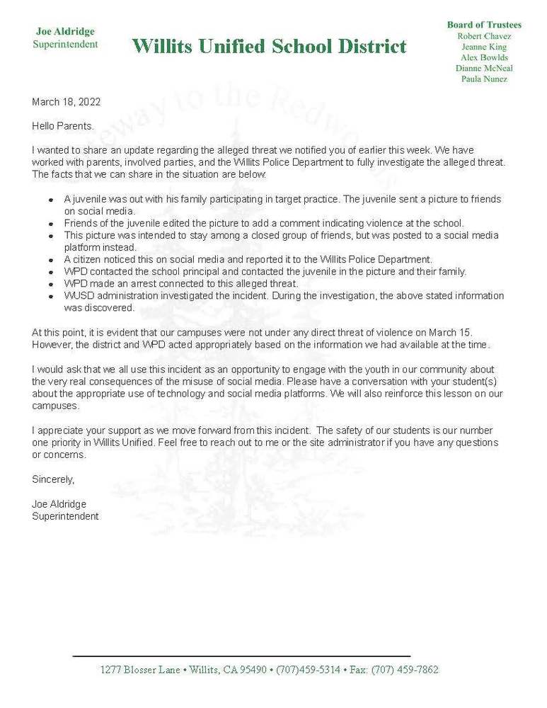 Alleged Threat Follow Up Letter