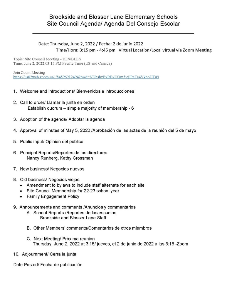 Brookside and Blosser Lane Elementary Schools Site Council Agenda/ Agenda Del Consejo Escolar