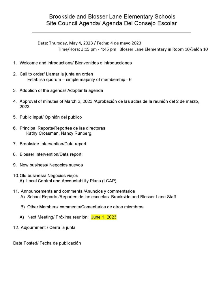 Brookside and Blosser Lane Elementary Schools Site Council Agenda/ Agenda Del Consejo Escolar