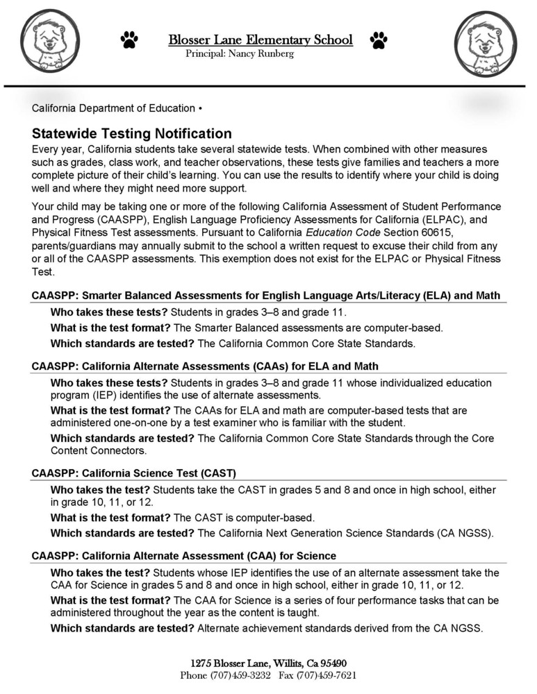 Blosser Lane Statewide Testing Notification - California Department of Education •  