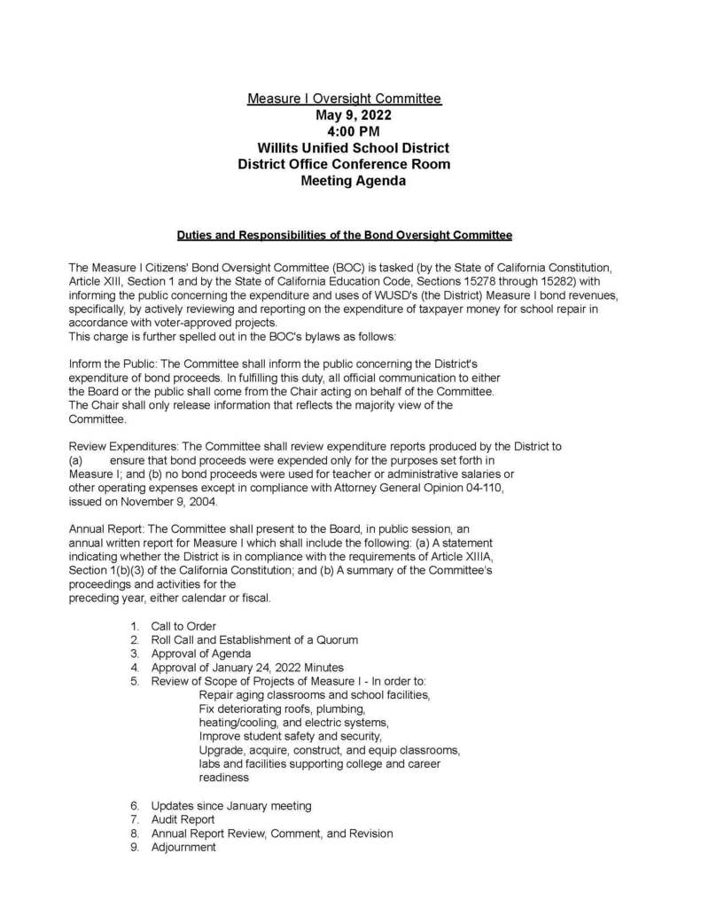 Bond Oversight Agenda