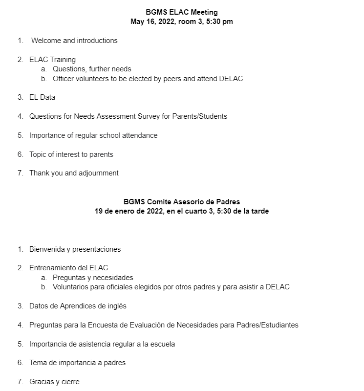 ELAC Meeting 5/16 Agenda